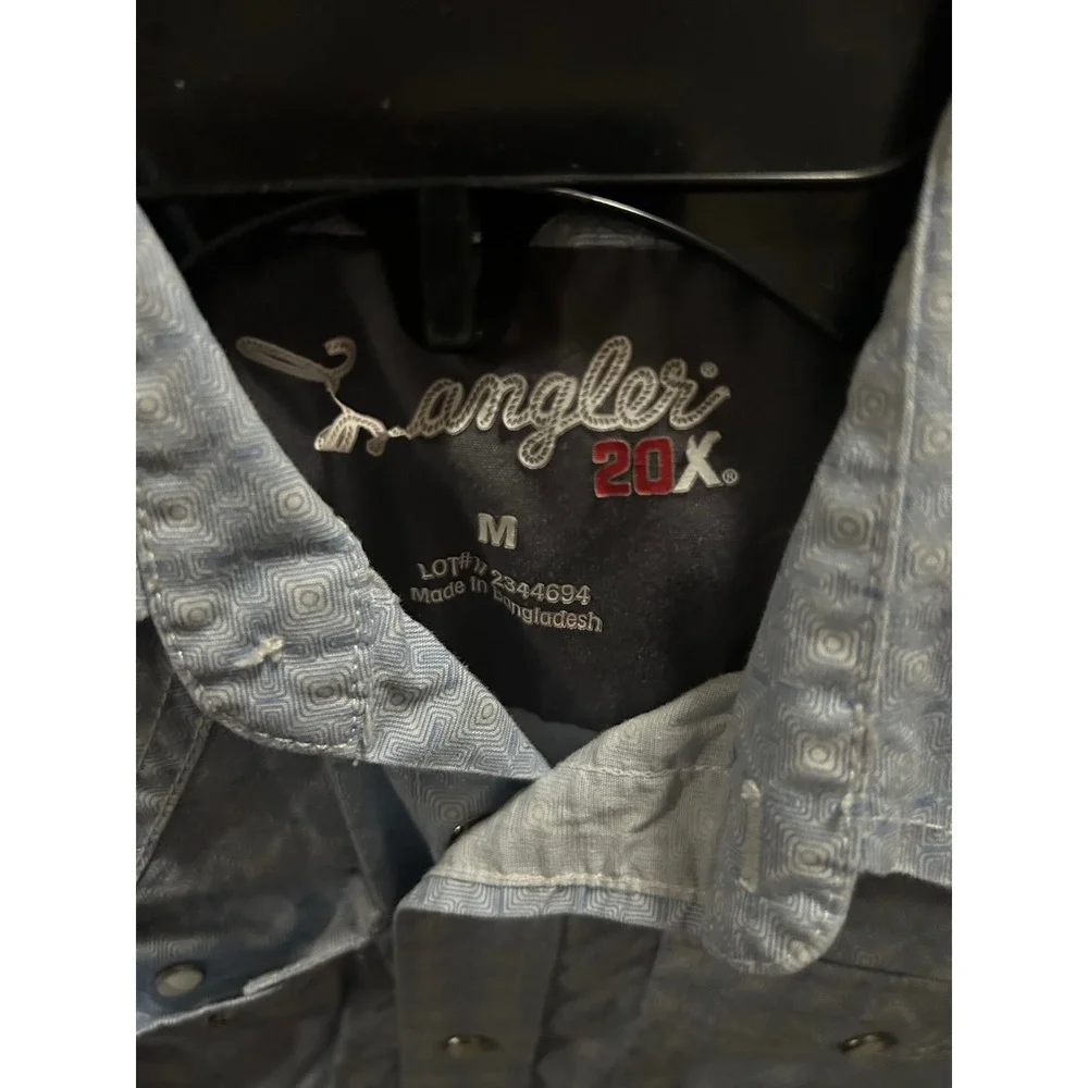 Wrangler 20X Boys Western Snap Shirt Light Blue‎ Geometric Square Pattern Size M